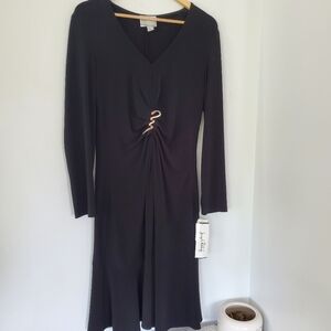 Vtg NWT JOSEPH RIBKOFF 16 Black Ruched Front Bling Brooch Midi Dress V-Neck WOW!